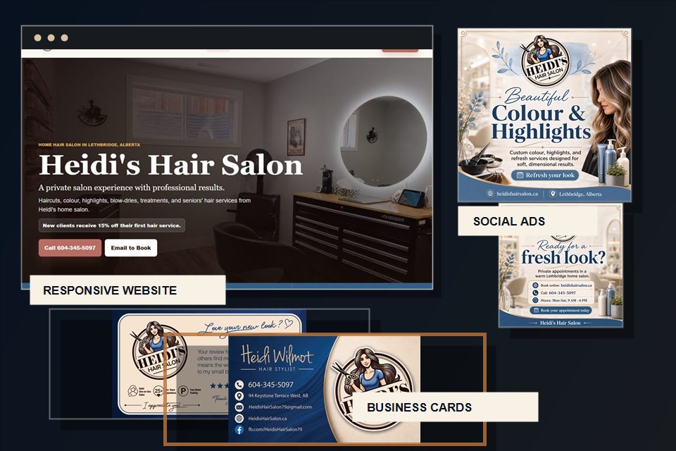 Heidi's Hair Salon website, business card, and social media ad design portfolio preview by Rose n Paw Digital Designs
